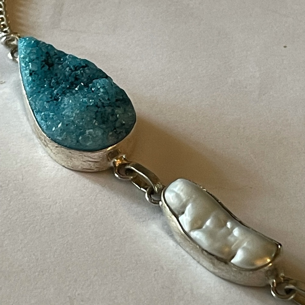 925 Sterling Silver Pearl and Turquoise Druzy Necklace